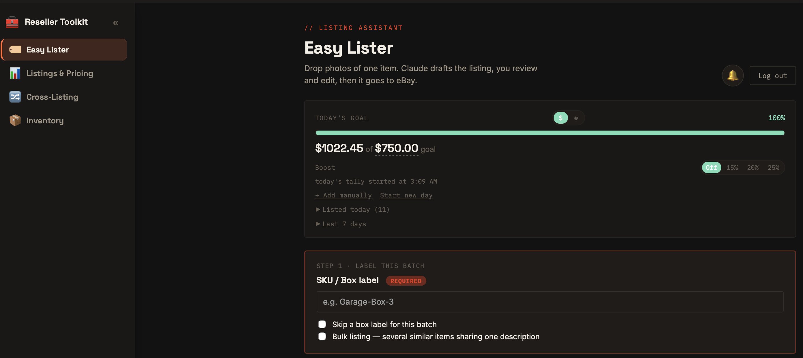 Easy Lister app dashboard, showing today's listing goal and progress